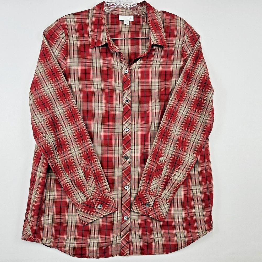 J. Jill Tartan Plaid Button Up Shirt Women PS Red Rayon Classic Top